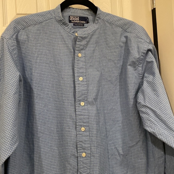 Polo by Ralph Lauren, collarless, long sleeve, button-down, blue & white - Picture 3 of 7